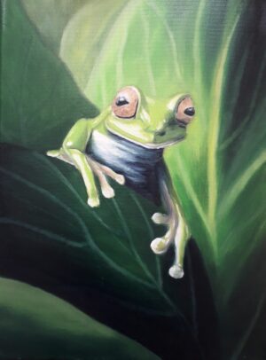 schilderij-olieverf-kikker-groen-verspringen