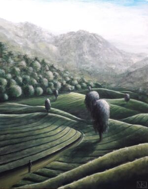 schilderij-olieverf-landschap-bergen-bomen-glooiend