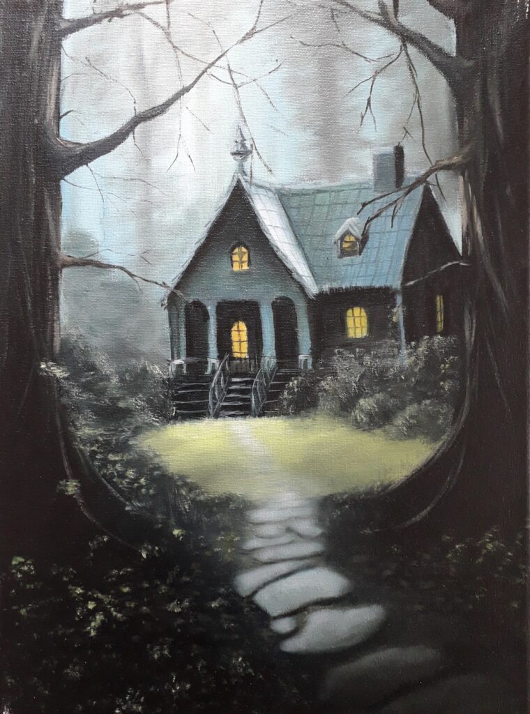 schilderij-olieverf-landschap-bos-huisje-vertakken