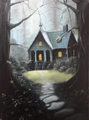 schilderij-olieverf-landschap-bos-huisje-vertakken