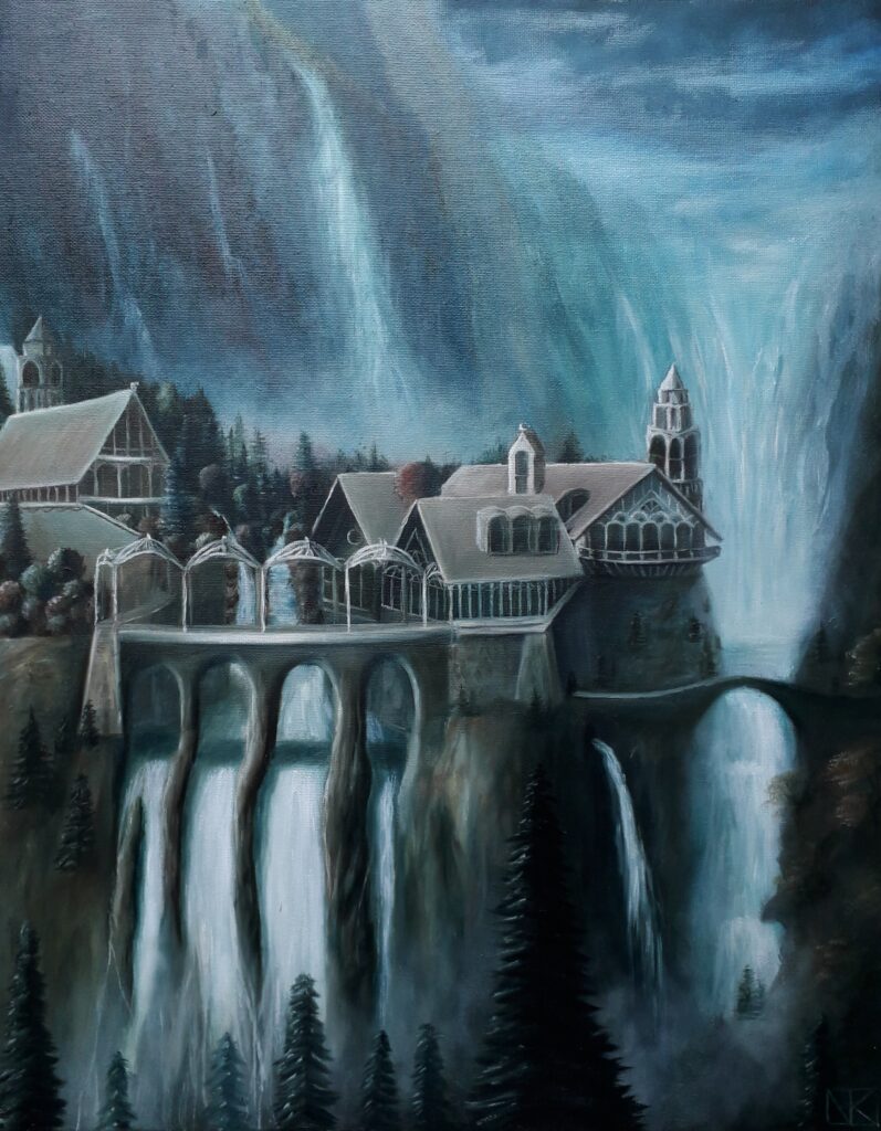 schilderij-olieverf-landschap-fantasie-waterval-rivierdal