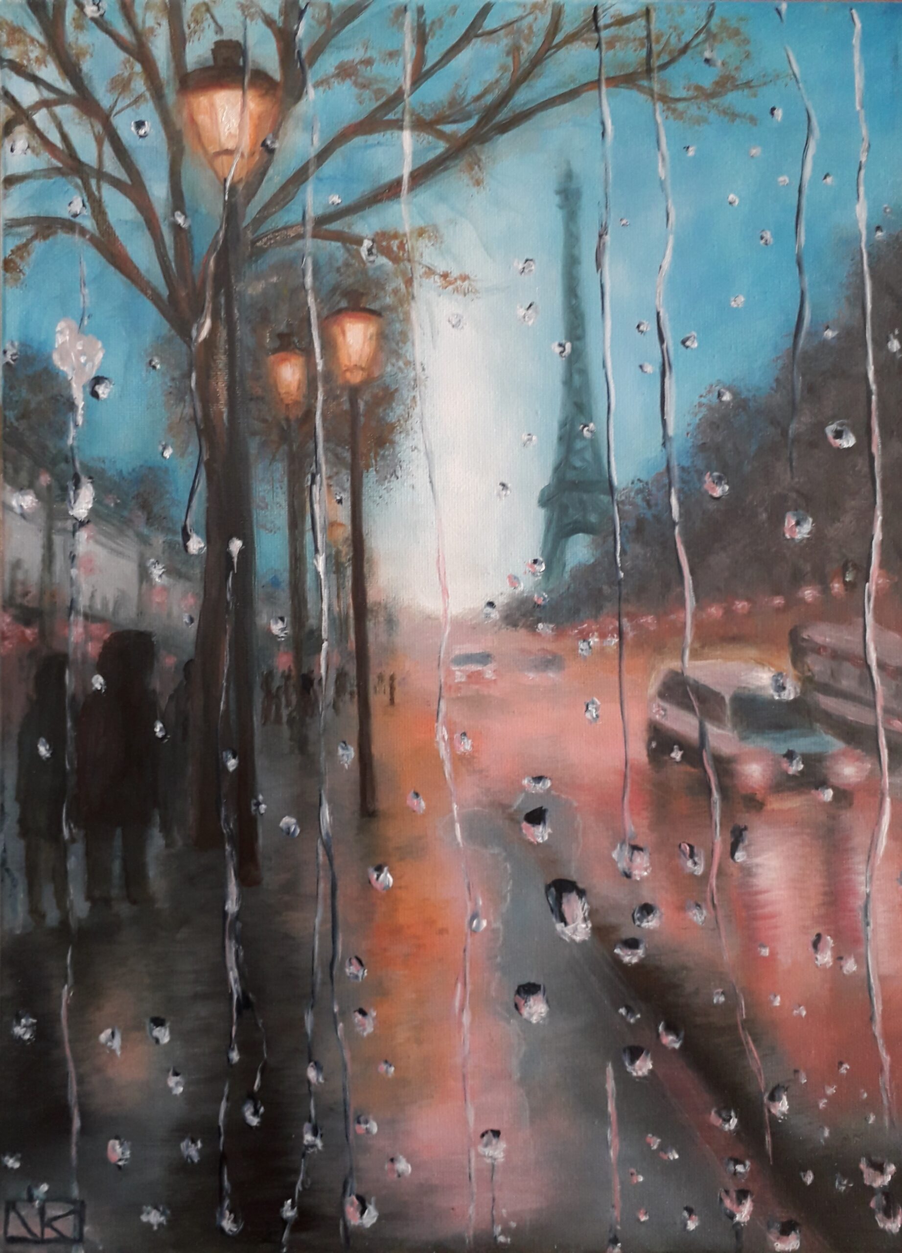 schilderij-olieverf-landschap-parijs-regen-parapluie