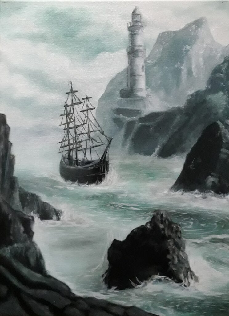 schilderij-olieverf-landschap-zee-schip-vuurtoren-kaap