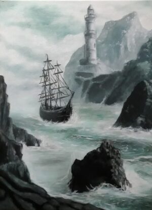 schilderij-olieverf-landschap-zee-schip-vuurtoren-kaap