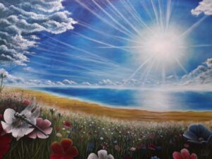 schilderij-olieverf-landschap-zon-libelle-bloemen-zweven