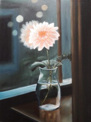 schilderij-olieverf-stilleven-bloem-glas-reflectie