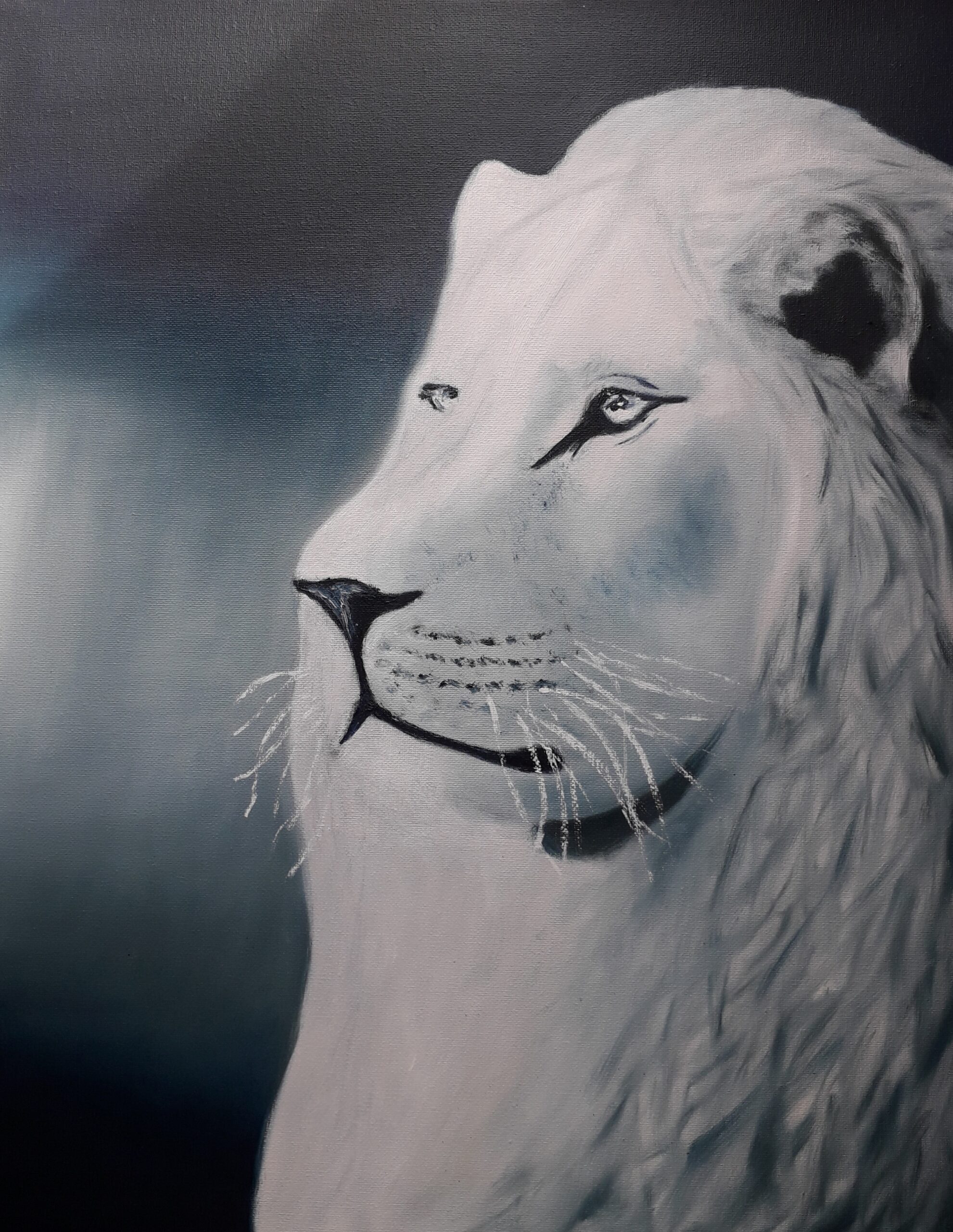 schilderij-olieverf-witte-leeuw-manen