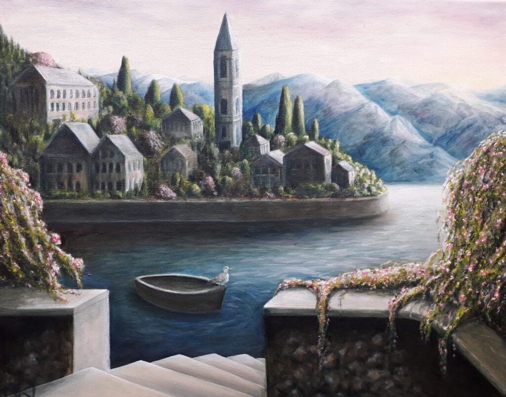 schilderij-olieverf-landschap-bootje-stadsgezicht-aanmeren