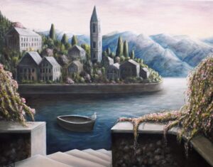 schilderij-olieverf-landschap-bootje-stadsgezicht-aanmeren