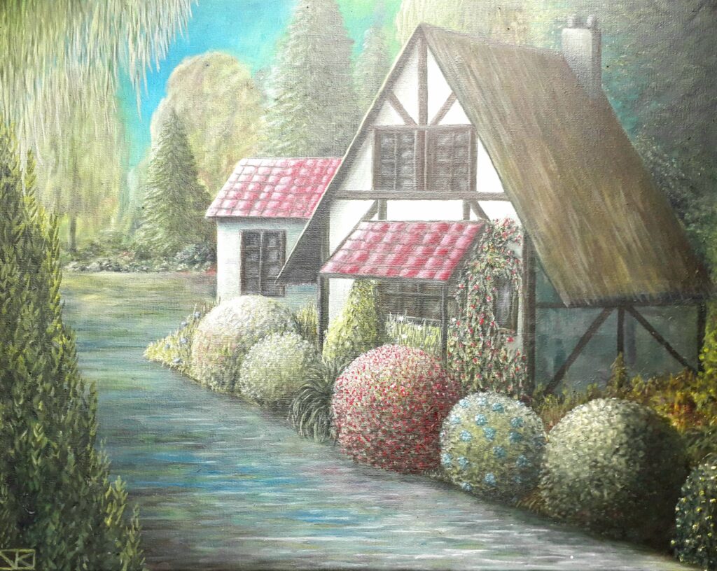 schilderij-olieverf-landschap-bos-huisje-bladerdak