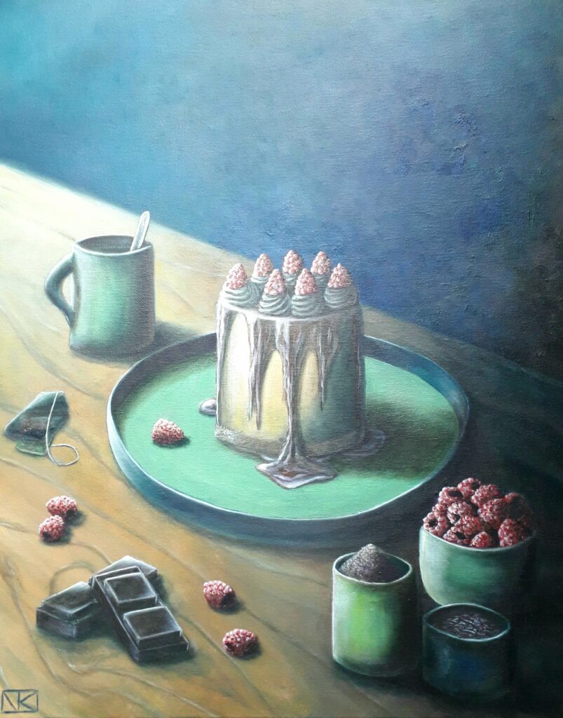 schilderij-olieverf-stilleven-taart-chocolade-glazuur