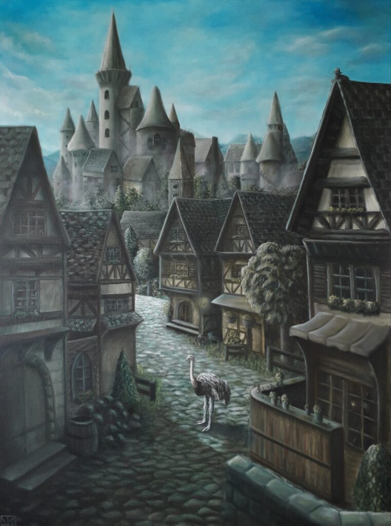 schilderij-olieverf-landschap-struisvogel-straatje-grimmig