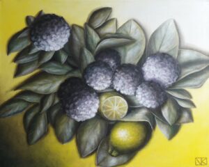 schilderij-olieverf-stilleven-bladeren-bloemen-citroen-zuurstof