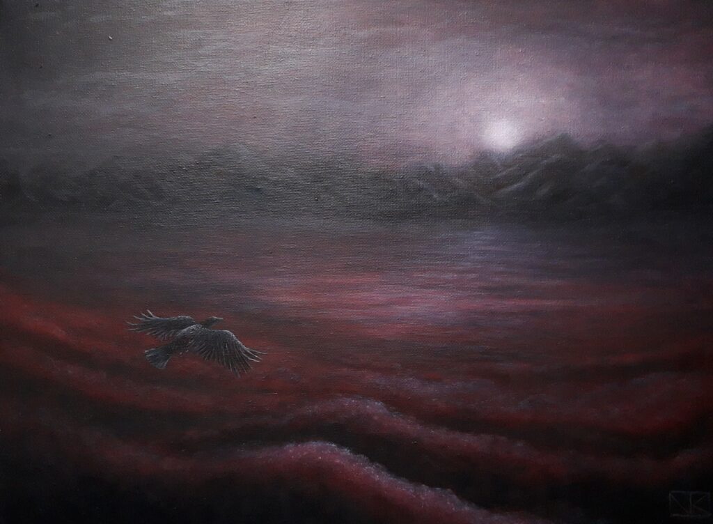 schilderij-olieverf-landschap-raaf-maan-vlucht