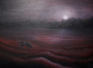 schilderij-olieverf-landschap-raaf-maan-vlucht
